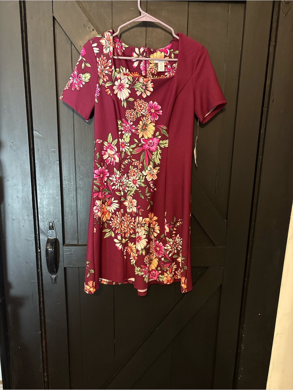 London Times Burgundy Floral Scoop-Neck Dress